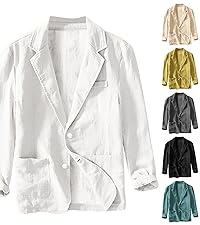 Mens Blazer Casual Cotton-Linen Sport Coat Solid Color Lapel Collar Lightweight 2 Button 