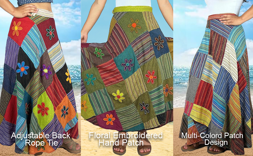 Women''s Assorted Bohemian Hippie Patch Work Tie Up High Waist Tie-Dye Wrap Cover Up Maxi Skirt