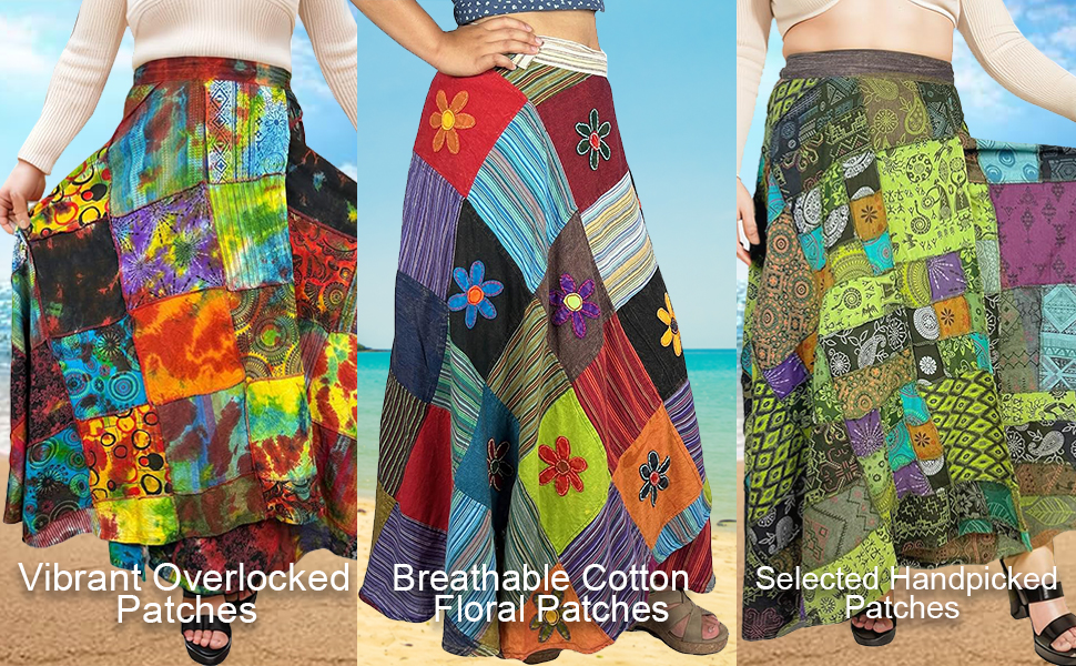 Women''s Assorted Bohemian Hippie Patch Work Tie Up High Waist Tie-Dye Wrap Cover Up Maxi Skirt