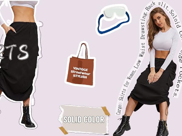 Drawstring cargo maxi skirt with pockets