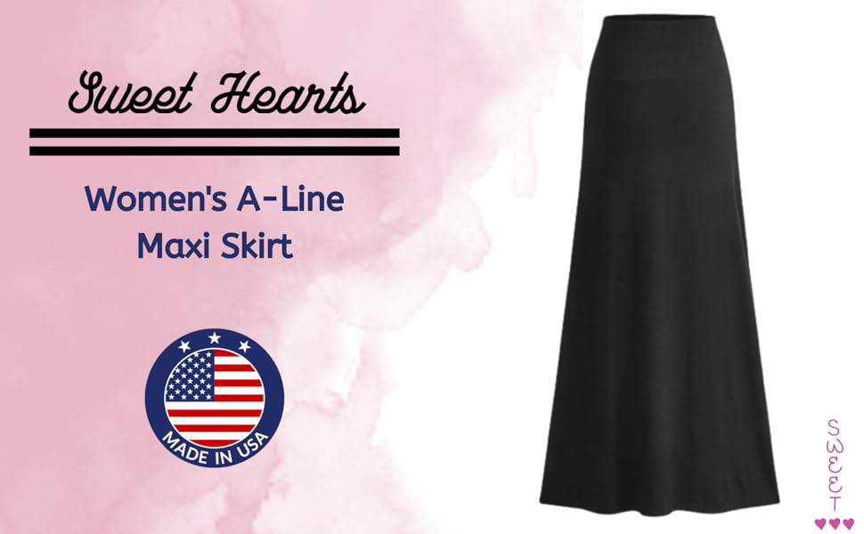 Sweet Hearts Womens clothing skirt maxi A-line below knee long length black navy mauve made in usa
