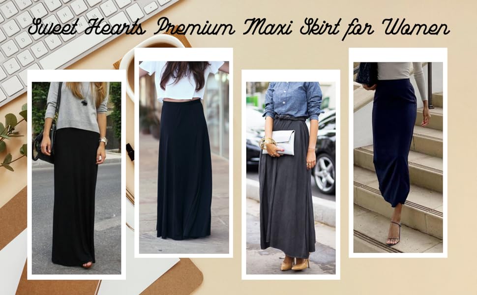 Sweet hearts premium maxi skirt for women black grey charcoal navy stylish modest A-line Made in USA