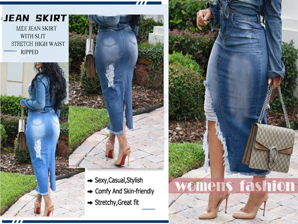 blue midi jean skirt for women with slit high waist stretch long denim skirt with pockets