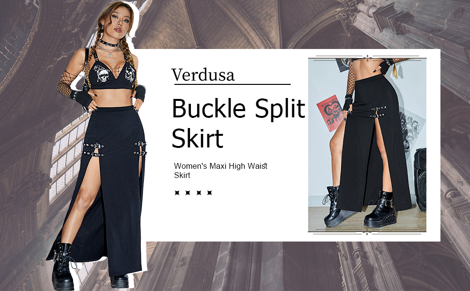 Verdusa Women''s Buckle Split Thigh High Waist Clubwear Punk Loose Maxi Skirt 1
