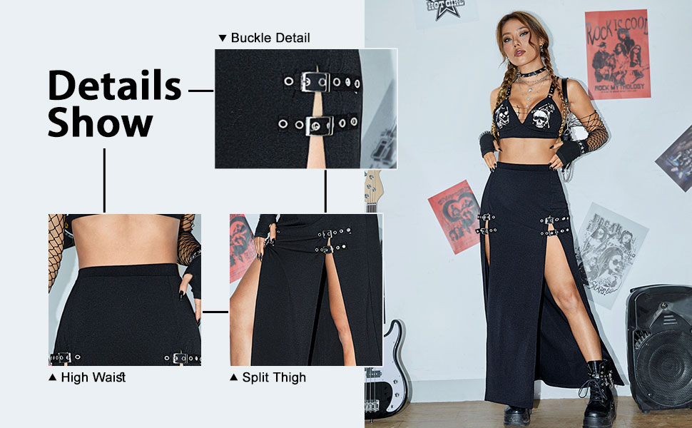 Verdusa Women''s Buckle Split Thigh High Waist Clubwear Punk Loose Maxi Skirt 2