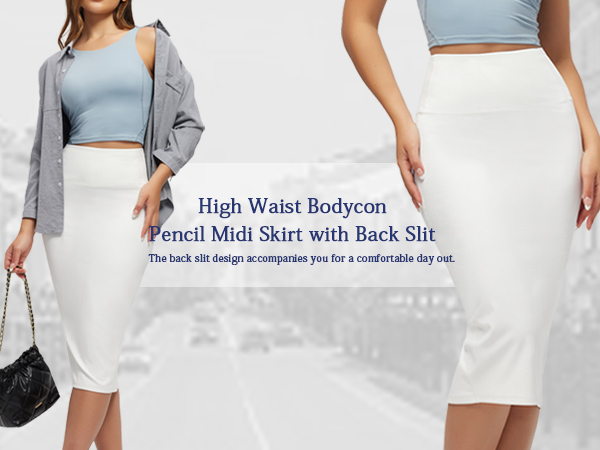 Tummy Control Pencil Skirts Stretchy Bodycon Midi Skirt Below Knee with Back Slit