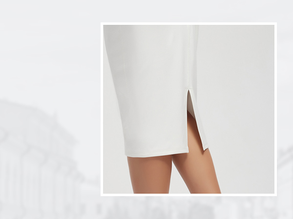 Tummy Control Pencil Skirts Stretchy Bodycon Midi Skirt Below Knee with Back Slit