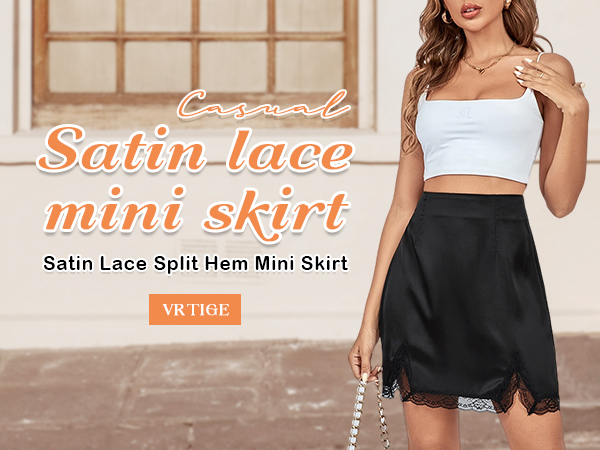 Satin Silky Lace Trim High Waist Split Hem Bodycon Mini Short Skirt