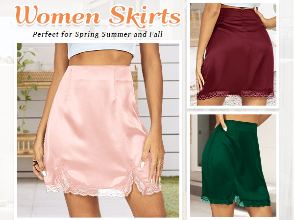 Satin Silky Lace Trim High Waist Split Hem Bodycon Mini Short Skirt