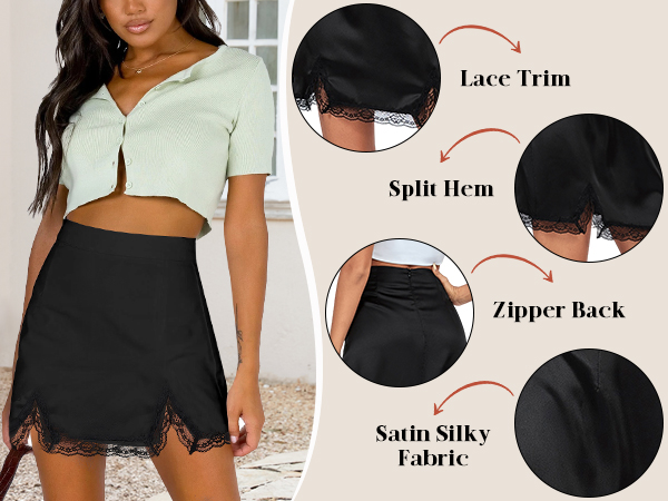Satin Silky Lace Trim High Waist Split Hem Bodycon Mini Short Skirt