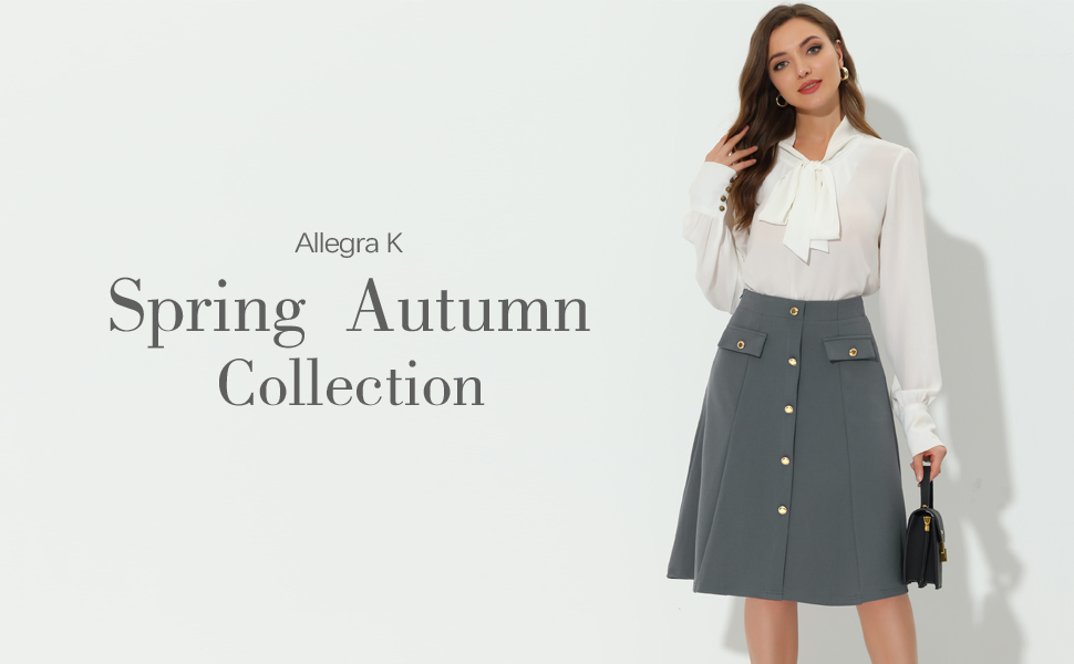 Allegra K Women''s Button Front Work A-Line Formal Knee Length Skirt