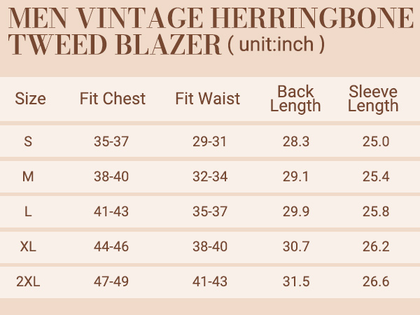 Men Herrigbone wool blazer size chart