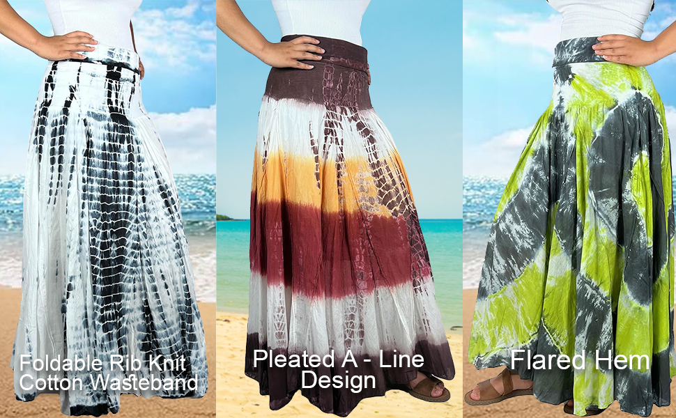 Boho Women''s Plus Rainbow Tie-dye Flared High Waisted Long Pleated Vibrant Convertible Light Skirt 