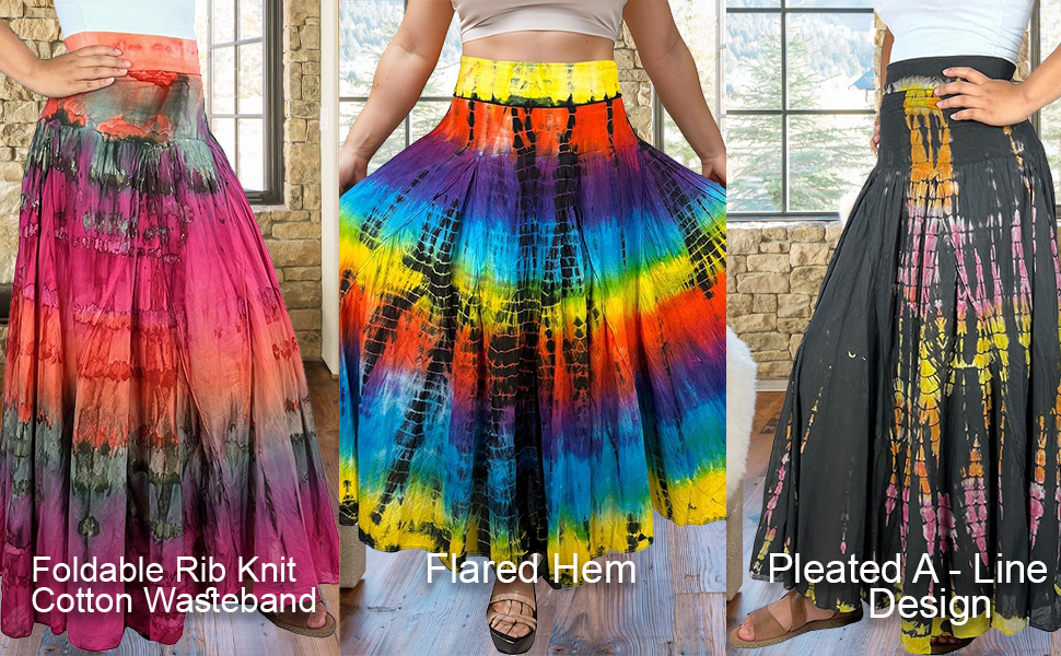 Boho Women''s Plus Rainbow Tie-dye Flared High Waisted Long Pleated Vibrant Convertible Light Skirt 