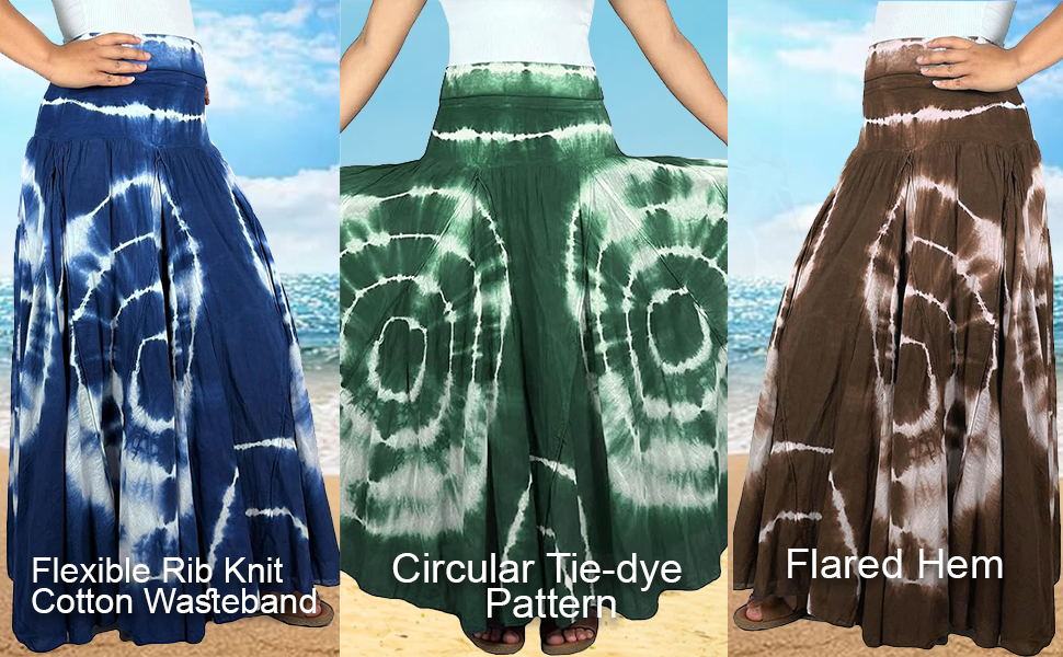 Boho Women''s Plus Rainbow Tie-dye Flared High Waisted Long Pleated Vibrant Convertible Light Skirt 
