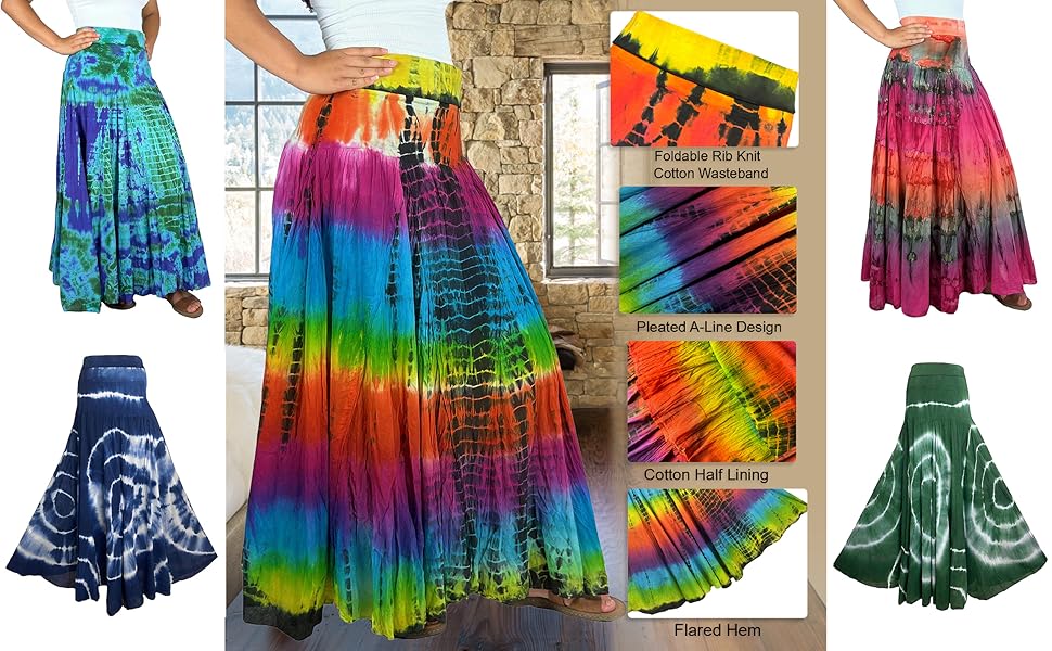 Women''s Tie-Dye High Waisted Cotton Breathable Light Weight Long Boho Bohemian Summer Maxi Skirt