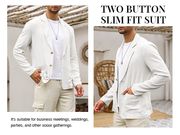 Mens Casual Linen Blazer Suit Jacket Two Button Slim Fit Lightweight Business Sport Coats