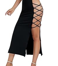 Women''s Sexy Split Thigh Cut Out Lace Up Side High Waist Midi Skirt