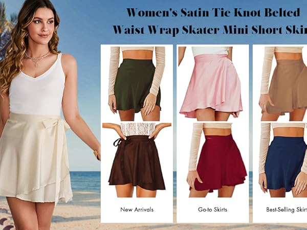 Women''s Satin Belted Waist Flowy Short Skirts