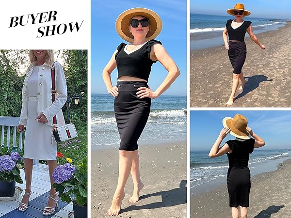 high waisted pencil skirt knee length tight black official Skirt back Slit Women Ponte Pencil Skirt