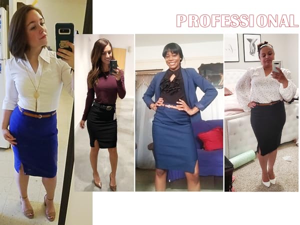 Women’s Basic Stretch Pencil Skirt Below Knee Office Midi Bodycon Nylon Skirt
