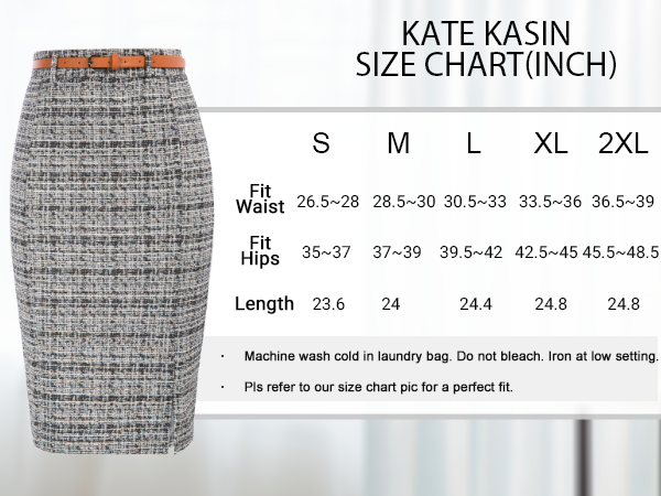 Kate Kasin Women''s Tweed Pencil Skirt Knee Length High Waisted Skirts with Slit Elegant Skirts