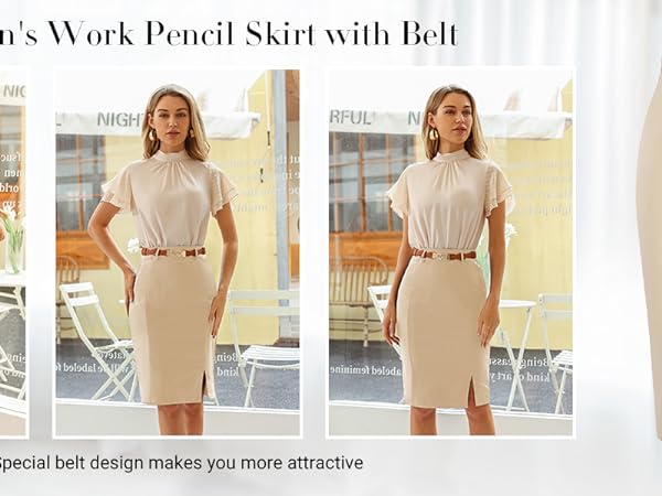 Kate Kasin Pencil Skirt Knee Length with Belt