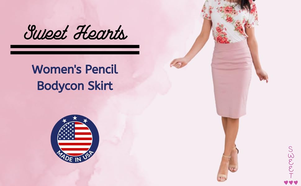 Sweet Hearts Pencil Skirt for Women Made in USA Black White Navy Khaki Red Grey 