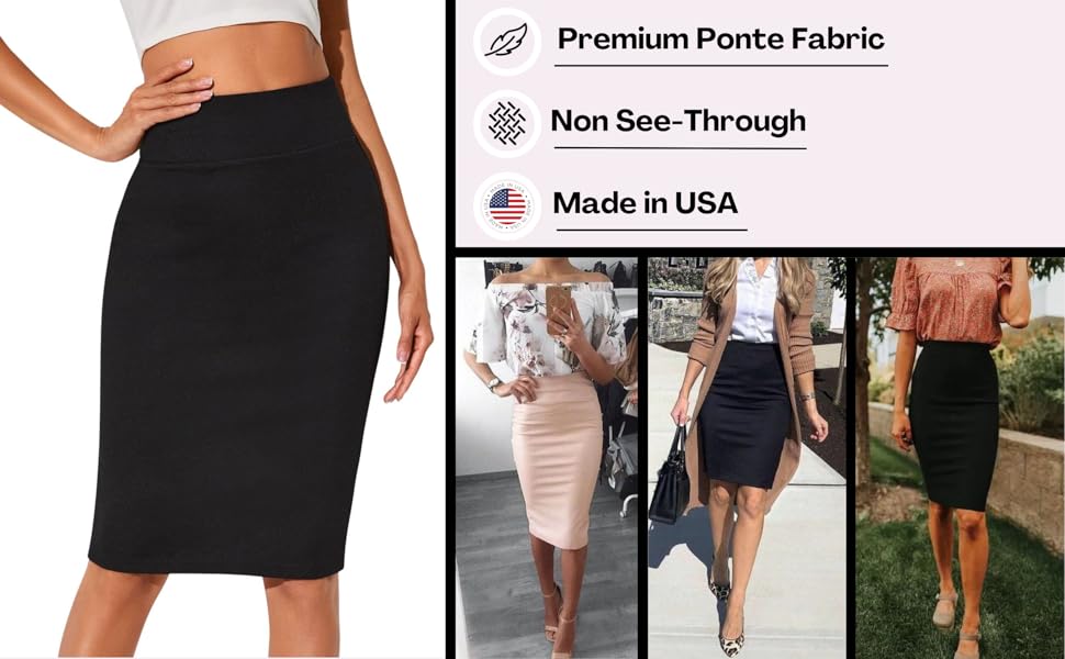 Sweet Hearts Skirt for Women Black Navy Pencil Premium ponte non see-through Made in USA