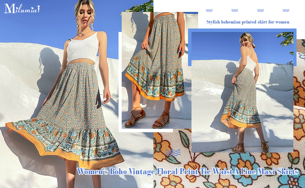 Milumia Women&#39;s Boho Vintage Floral Print Tie Waist A Line Maxi Skirts