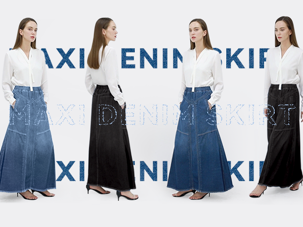 Women''s Retro Elastic High Waist Frayed A-Line Maxi Denim Skirt with Pockets