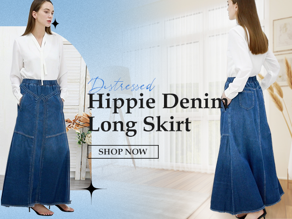Women&#39;s Retro Elastic High Waist Frayed A-Line Maxi Denim Skirt with Pockets