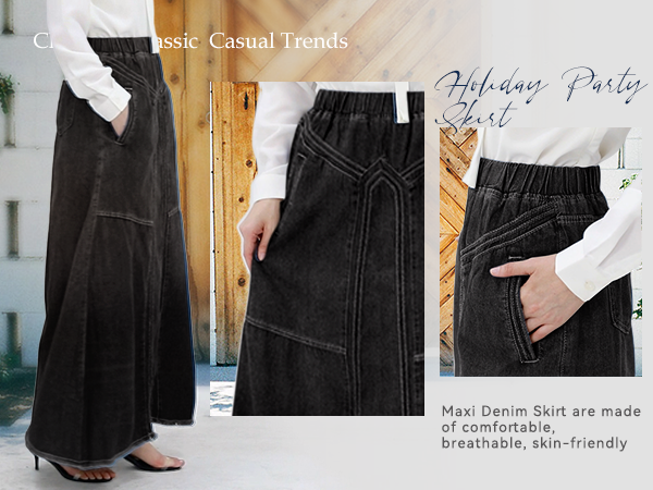 Women''s Retro Elastic High Waist Frayed A-Line Maxi Denim Skirt with Pockets