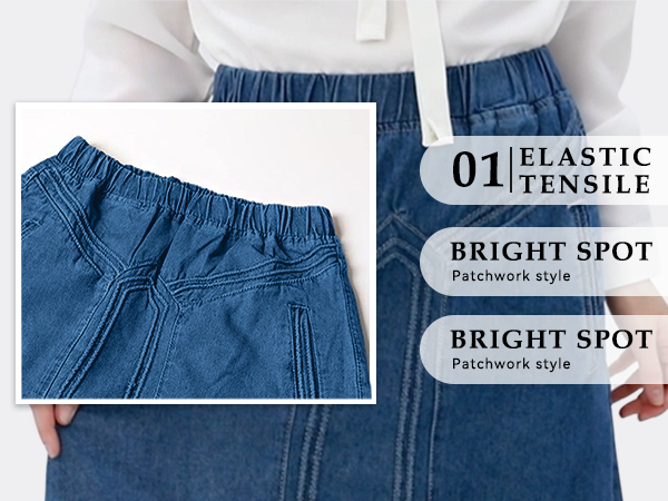 Women&#39;s Retro Elastic High Waist Frayed A-Line Maxi Denim Skirt with Pockets