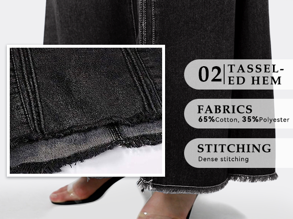 Women&#39;s Retro Elastic High Waist Frayed A-Line Maxi Denim Skirt with Pockets