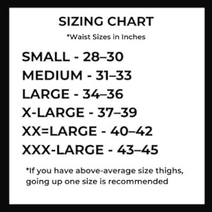 Sizing Chart: by waist size in inches. Small, Med. Lg. Xl, XXL, &amp; XXXL