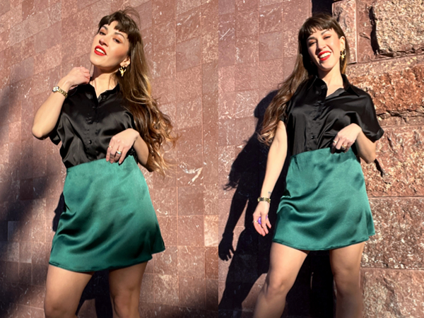 green satin mini skirt