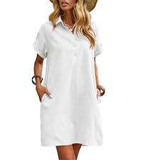 Womens Cotton Shirt Dress Summer Casual Short Sleeve Button Down Beach Cover Up