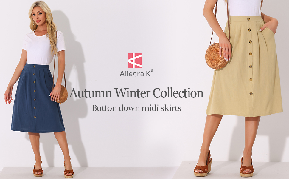 Allegra K Midi Skirts for Women Casual High Elastic Waist Button Pleated a Line Skirts Dress