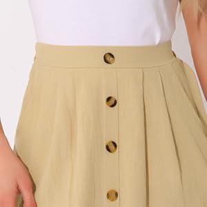 Allegra K Midi Skirts for Women Casual High Elastic Waist Button Pleated a Line Skirts Dress