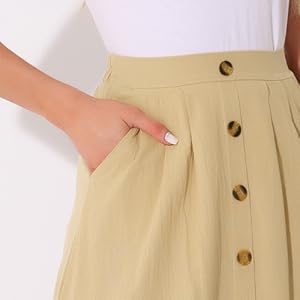 Allegra K Midi Skirts for Women Casual High Elastic Waist Button Pleated a Line Skirts Dress