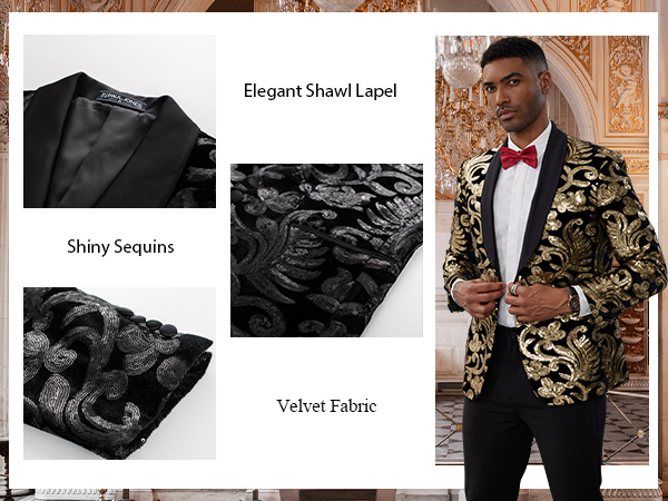 Men''s Sequins Tuxedo Jacket Velvet Shawl Lapel Suit Jackets Elegant Blazer for Men Dinner, Party