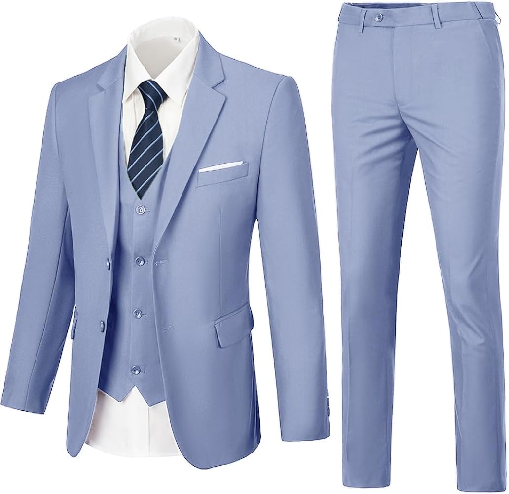 Mens 3 Piece Slim Fit Suit Set, 2 Button Solid Blazer Jacket Vest Pants Business Tuxedo