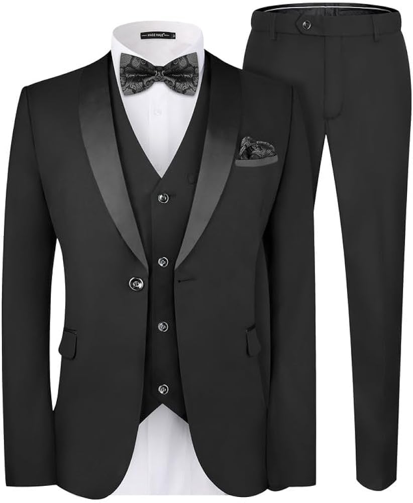 MAGE MALE Men's Slim Fit 3 Piece Suit One Button Solid Shawl Lapel Blazer Jacket Vest Pants Set with Tie Pocket Square
