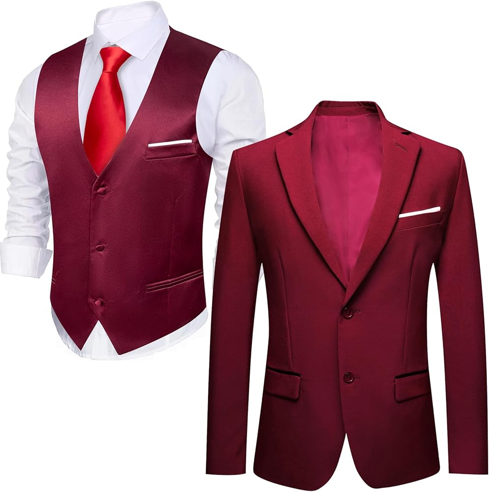 Barry.Wang Burgundy Suit Vest Formal Dress Waistcoat,Blazer for Men Casual Sport Coats with Bowtie Lightweight Regular Fit Suit Jacket Daily Business XXXL
