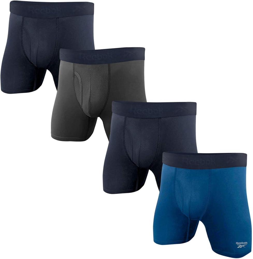 Reebok Mens 4 Pack Performance Boxer Briefs with Comfort Pouch - Navy/Grey/Navy/Blue Small