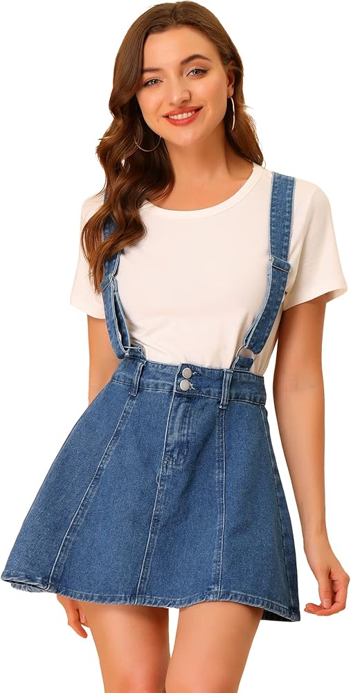 Allegra K Women's Denim Skirt Overall Adjustable Strap Braces Mini Suspender Washed Jean Skirts