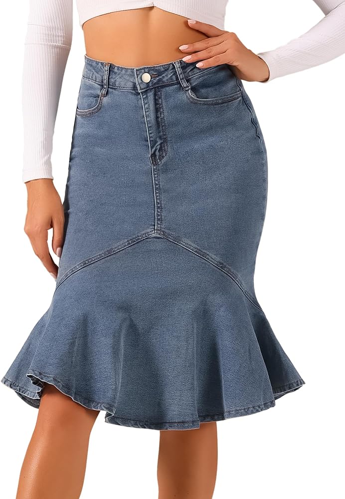 Allegra K Denim Jean Skirt for Women's High Waist Bodycon Ruffles Fishtail Skirts