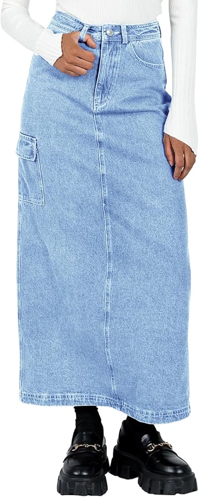 Fisoew Women's Denim Maxi Skirts Back Slit A Line Summer Long Cargo Jean Skirt with Pockets