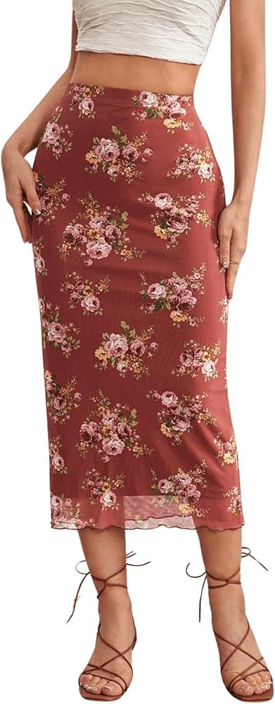 Milumia Women's Boho Floral Print Midi Skirt High Waist Mesh Overlay Pencil Skirts
